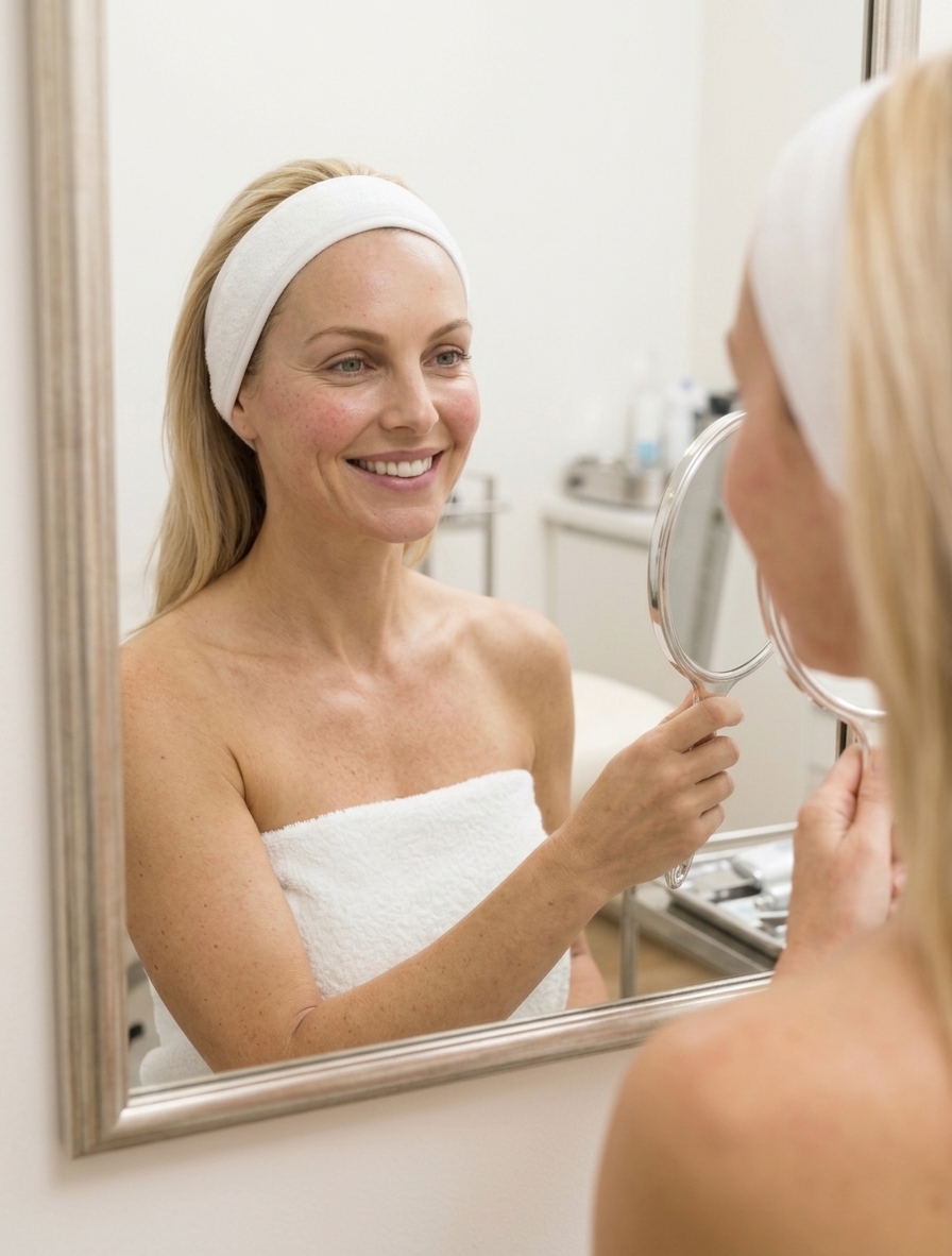 Mujer observa el resultado de su piel más luminosa tras un tratamiento de recuperación facial post verano